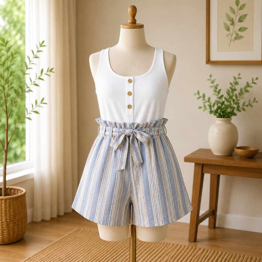 NWT Cupshe Romper Womens‎ XL White Blue Striped Ribbed Button Front Sleeveless